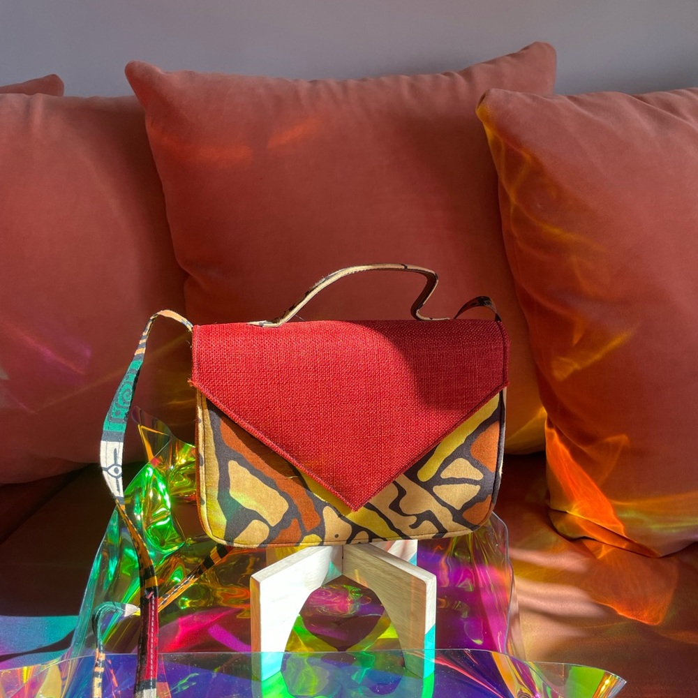 Red, Yellow, Green & Brown Print Purse with Tweed from Senegal